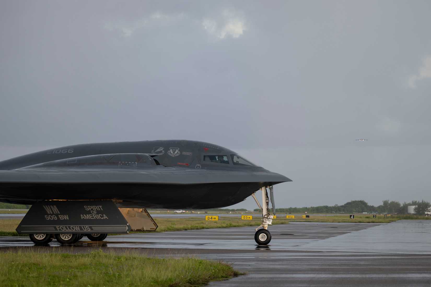 Air Force B-2 Spirit stealth bomber taxis on the flightline after a combat mission