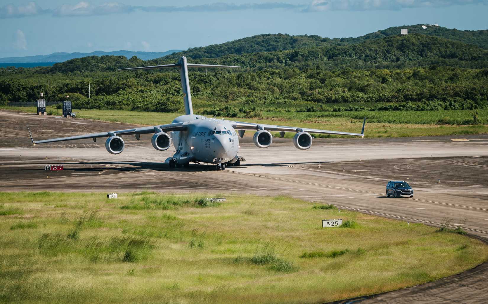 Air Force C-17 Globemaster III taxis down the runway in Ceiba, Puerto Rico