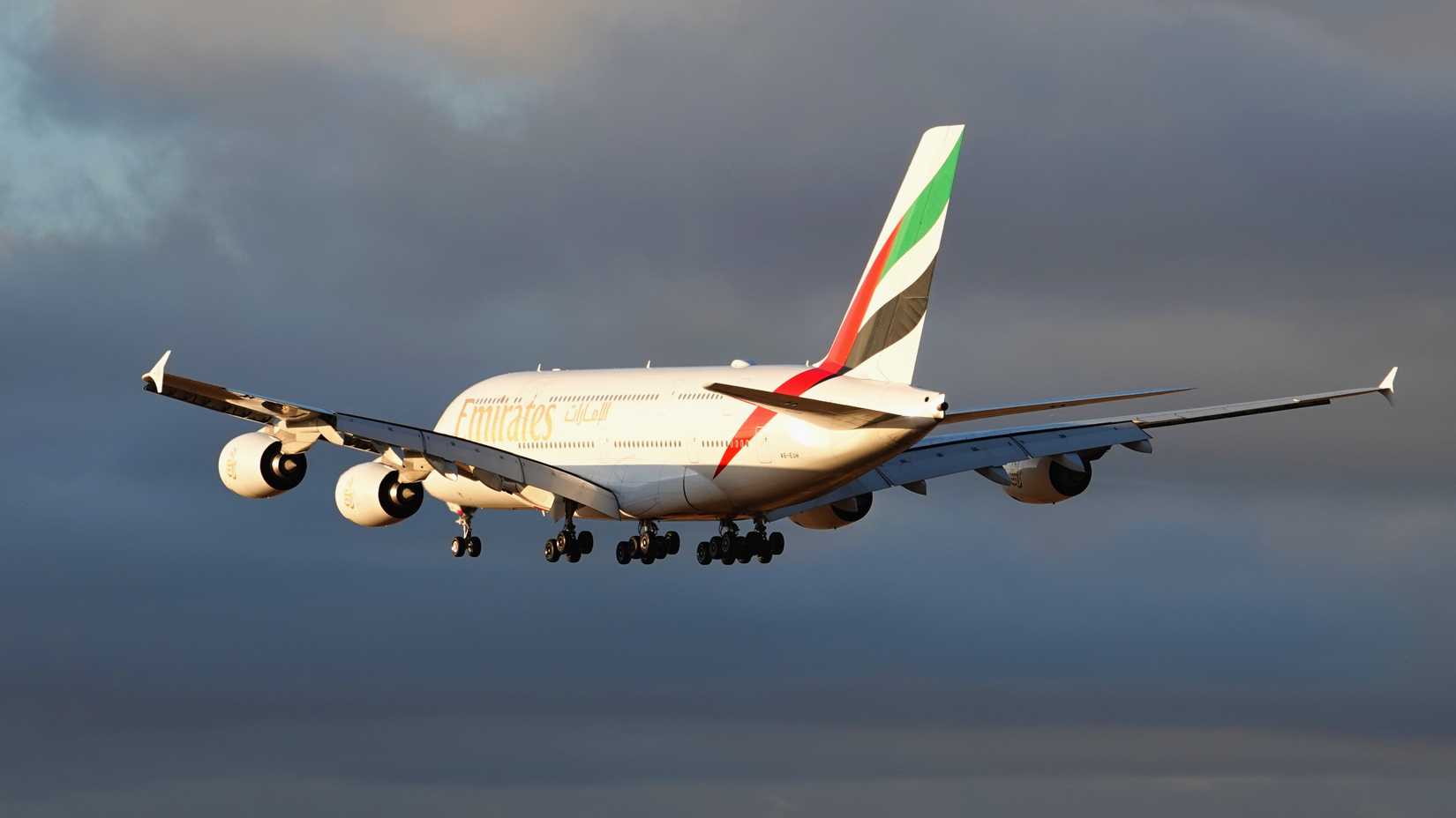 Airbus A380 Emirates airlines landing at Melbourne International Airport in Australia.-1
