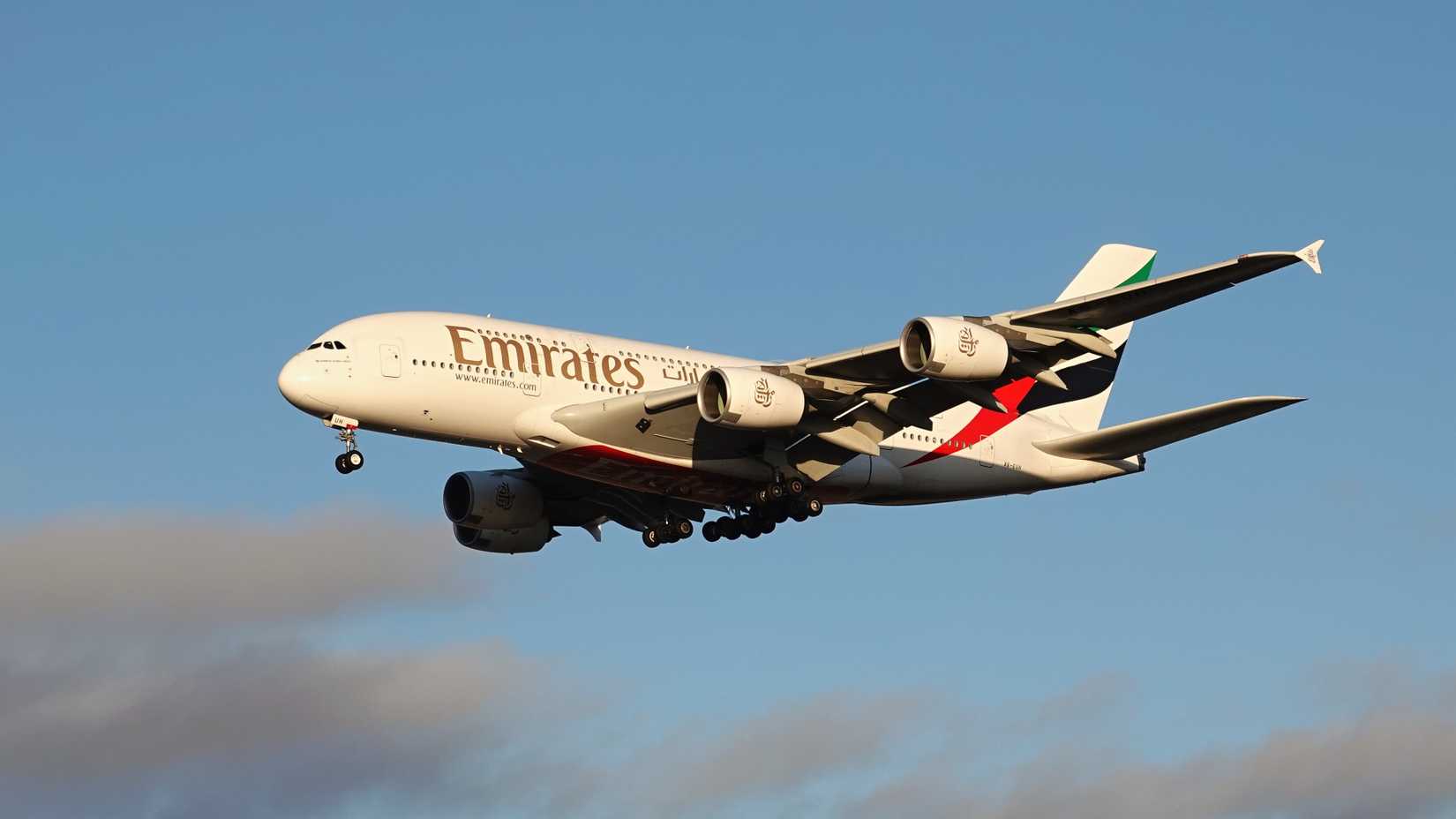 Airbus A380 Emirates airlines landing at Melbourne International Airport in Australia.