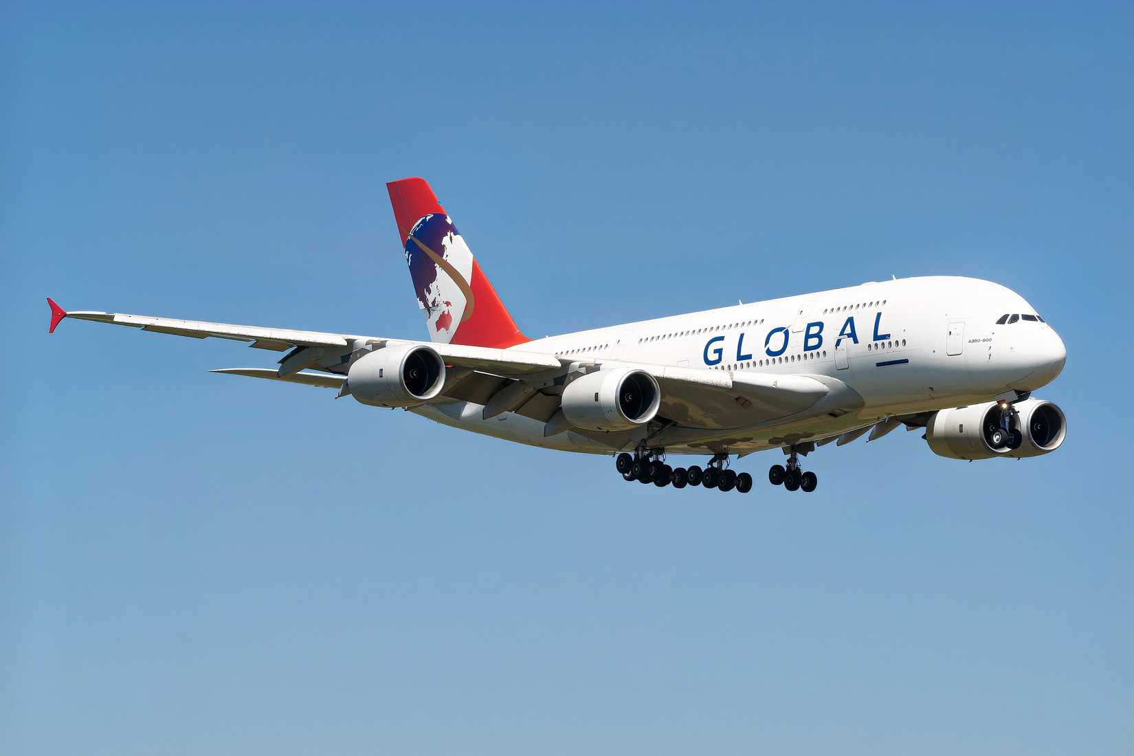 A low-angle view of a Global Airlines Airbus A380 descending on final approach with its landing gear fully extended. The aircraft has a white fuselage with "GLOBAL" written in blue, and a red tail fin featuring a large white and brown stylized globe logo. The scene is set against a clear blue sky.