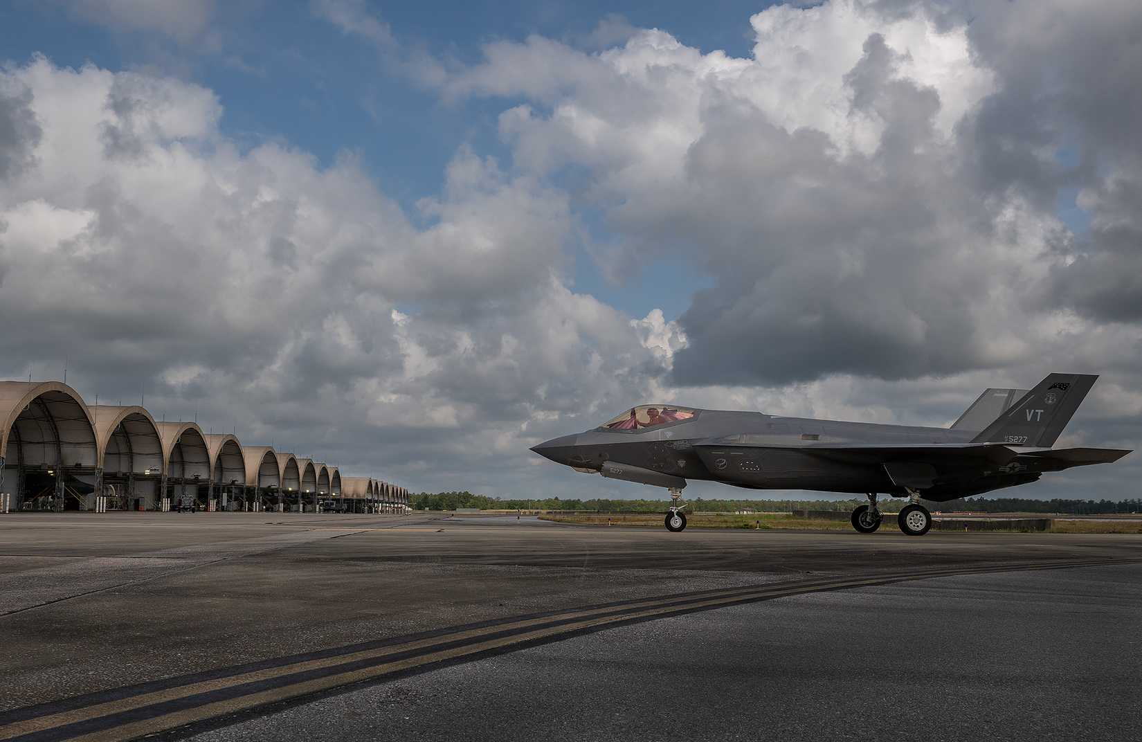 An Air National Guard F-35A Lightning II taxies to its new home, Eglin Air Force Base.