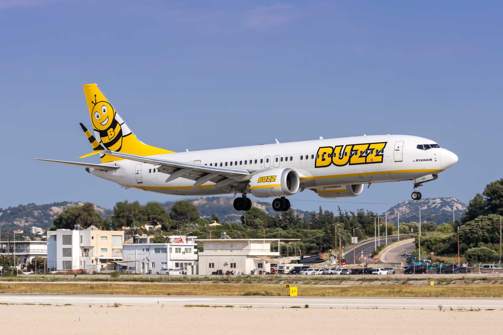 Buzz Boeing 737-8-200 MAX airplane at Rhodes airport in Greece.