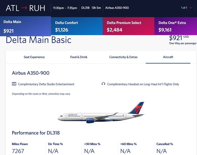 Delta Airlines website screenshot with the ATL-RUH service information