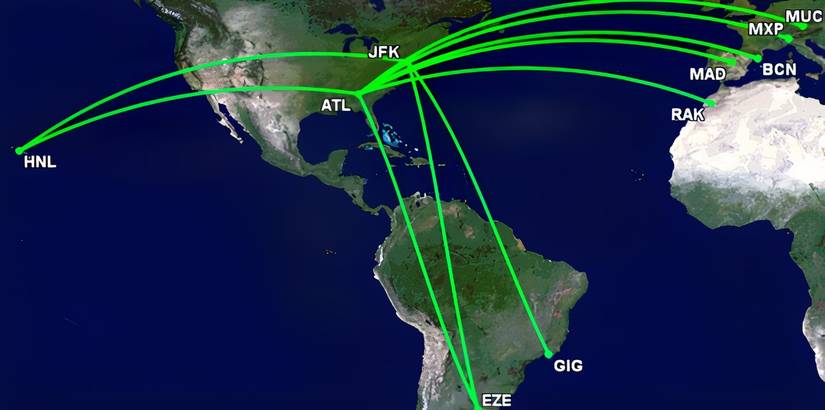 Delta's 767 routes over 10h in December