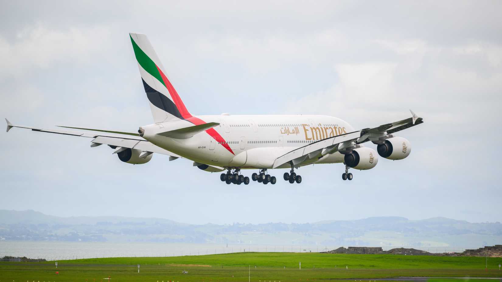 Emirates A6-EVN Airbus A380-842 landing at Auckland International Airport.