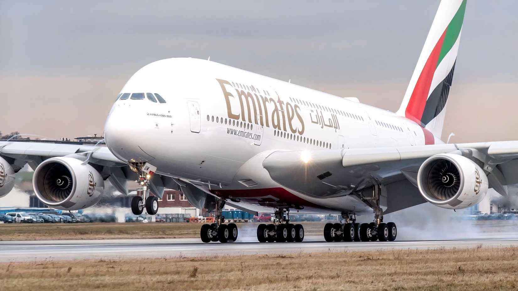 Emirates Airbus A380 touching down after another flight