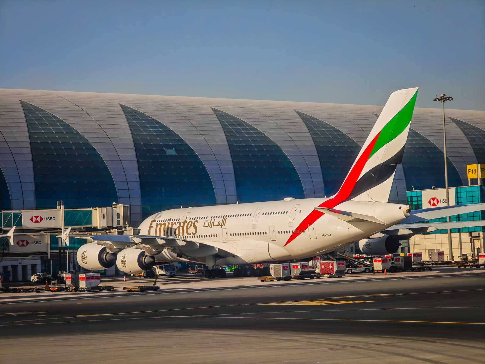 Emirates airlines Airbus A380-800, the largest passenger aircraft in the world standing at Dubai International Airport.