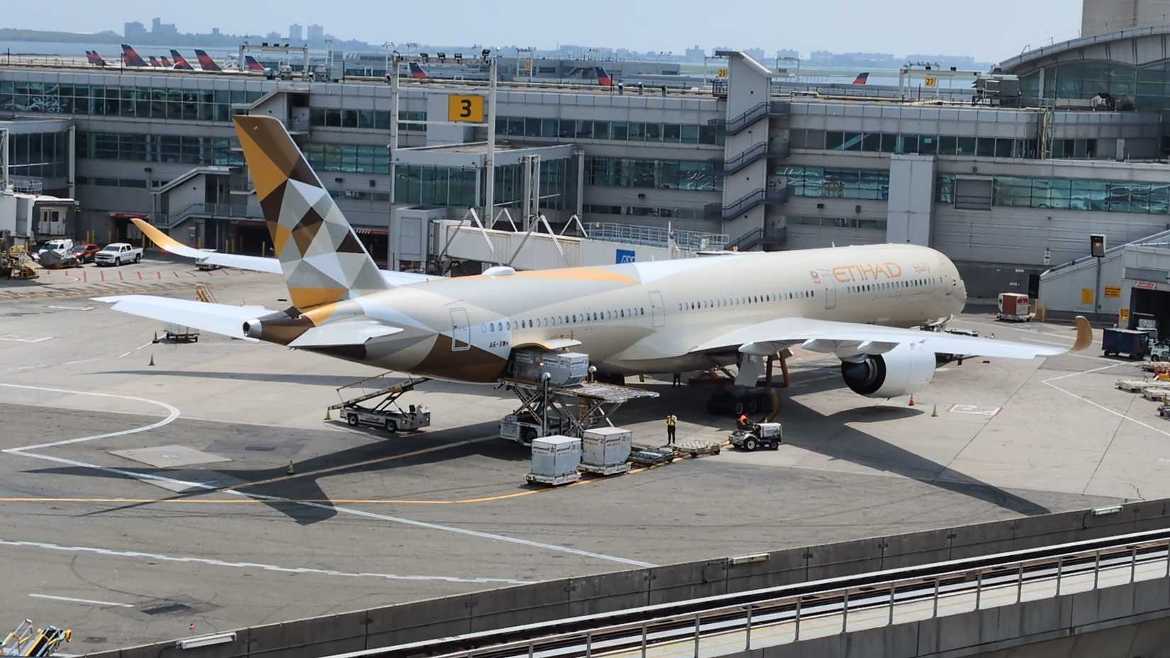 Etihad Airways Airbus A350-1000 and Boeing 787-9, 787-10 Dreamliner airplane at John F Kennedy (JFK) International Airport.
