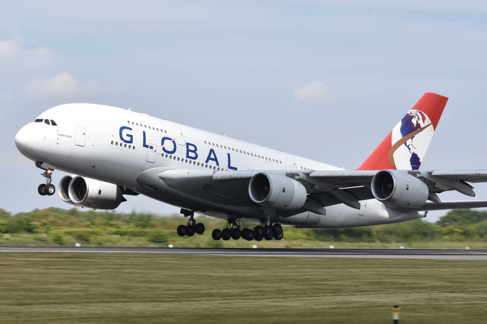 Global Airlines A380 9H-GLOBL departing Manchester Airport.