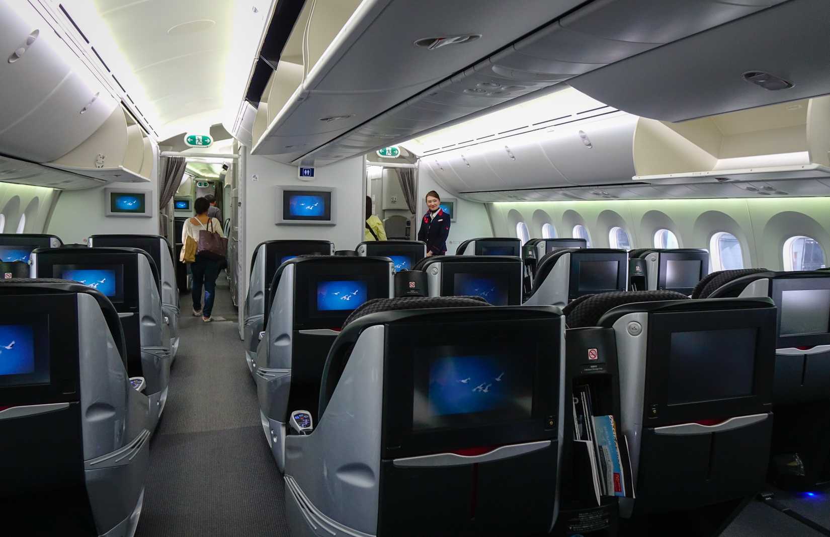 Japan Airlines Boeing 787 Dreamliner first class suites at Haneda Airport in Tokyo, Japan.