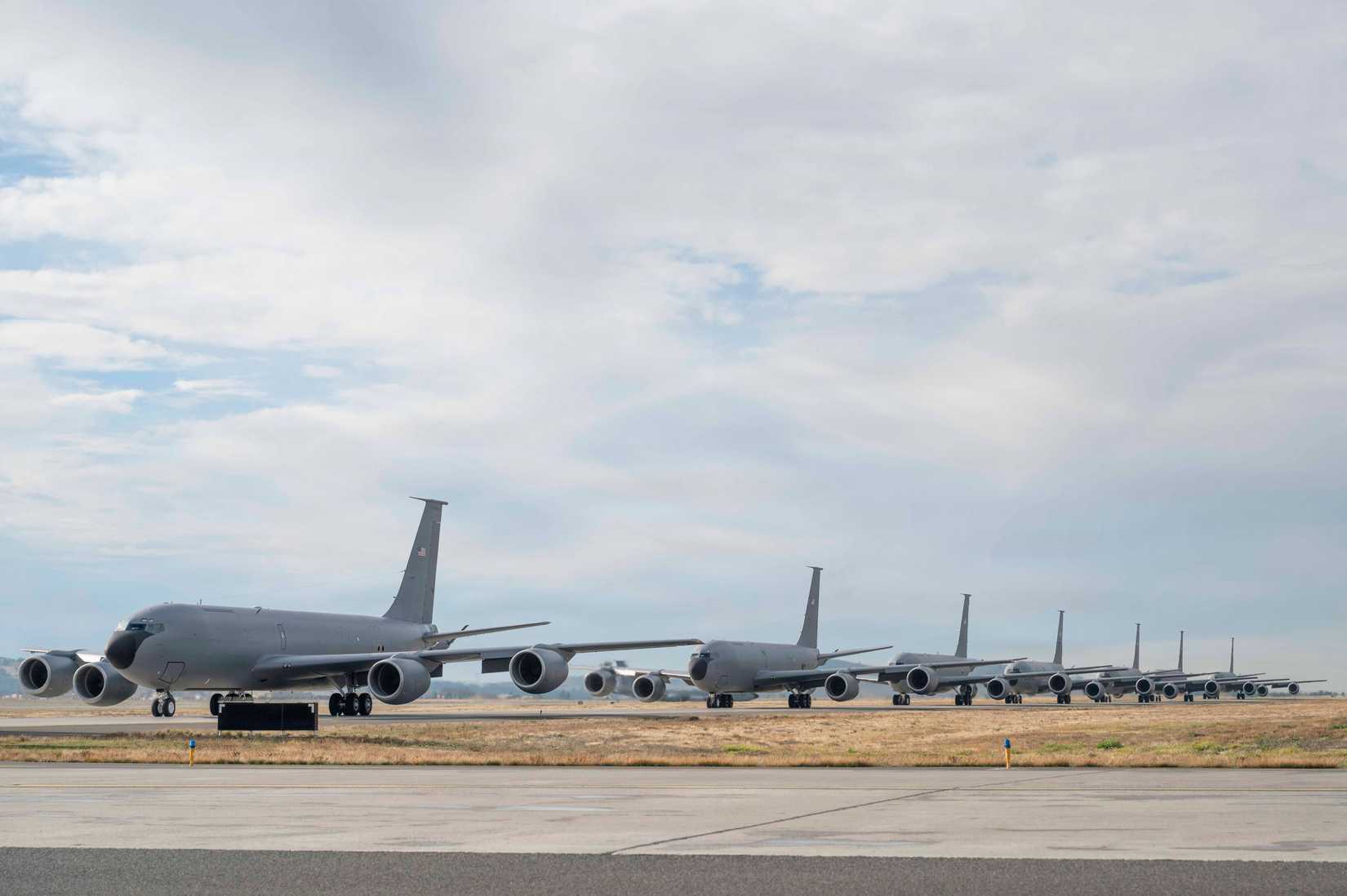 KC-135 Stratotankers assigned to the 92nd and 141st Air Refueling Wings taxi in formation during a readiness inspection at Fairchild Air Force Base.