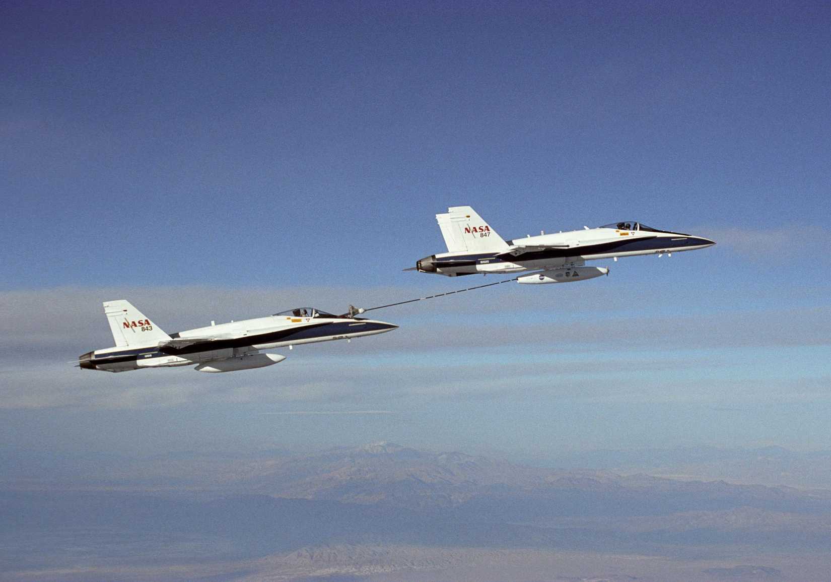 NASA Dryden's Automated Aerial Refueling (AAR) project evaluated the capability of an FA-18A aircraft as an in-flight refueling tanker.