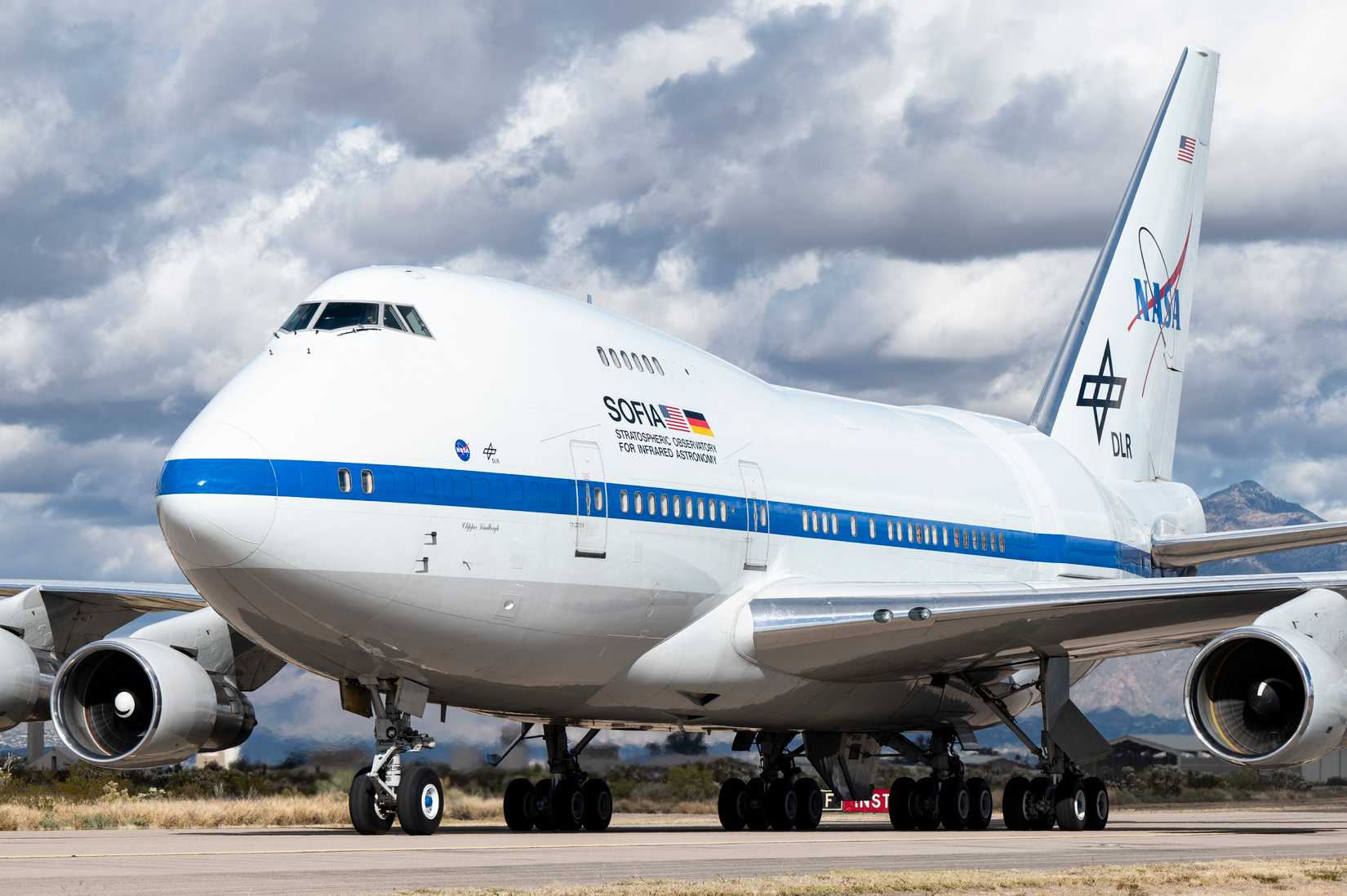 NASA's Stratospheric Observatory for Infrared Astronomy (SOFIA) aircraft taxies on the flightline at Davis-Monthan Air Force Base
