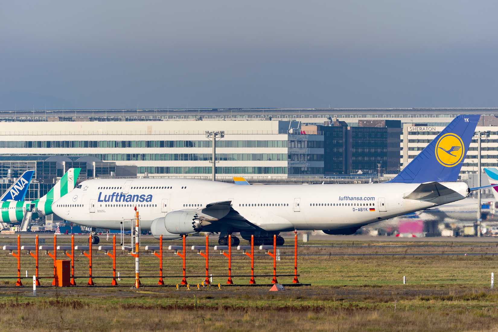 oeing 747-830 registration D-ABYK taking off from German Frankfurt Airport on a sunny autumn day.