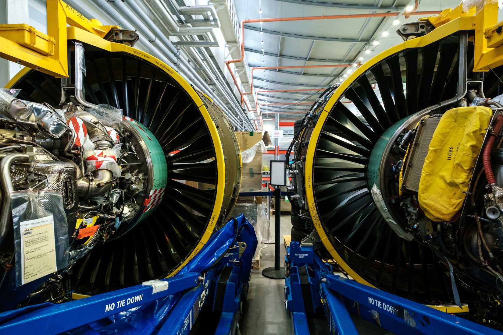 partially disassembled Pratt Whitney PW1500G engine of the Airbaltic Airbus A220