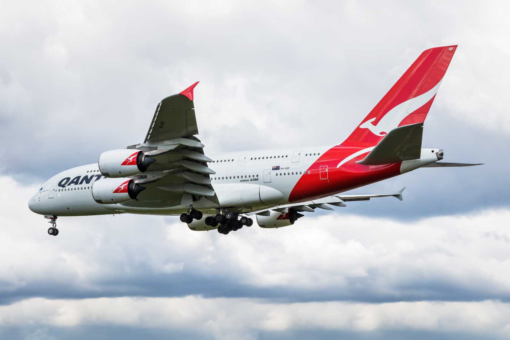 Qantas Airways Airbus A380 VH-OQF passenger plane landing at London Heathrow Airport.