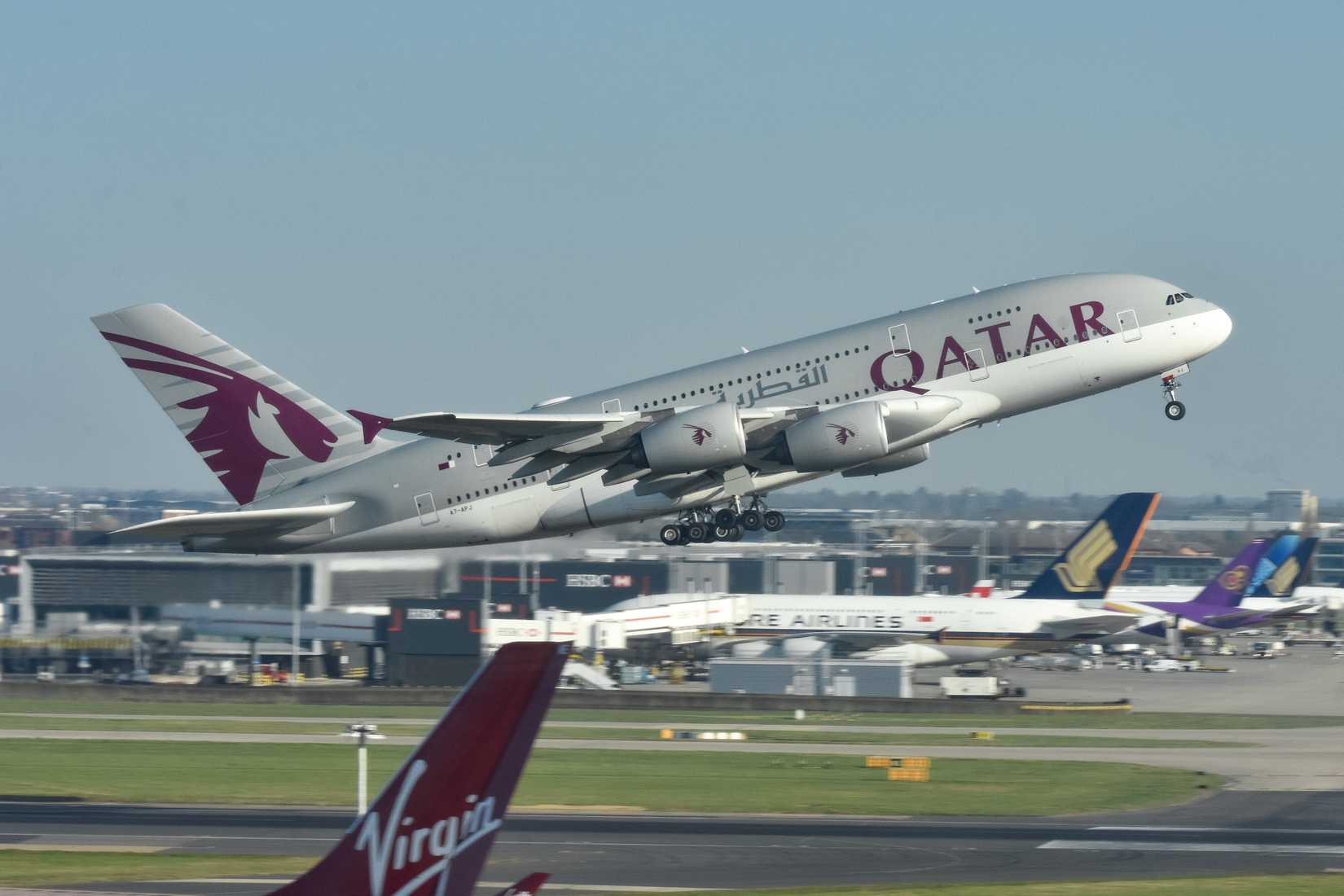 Qatar Airways A7-APJ Airbus A380 departing Heathrow.