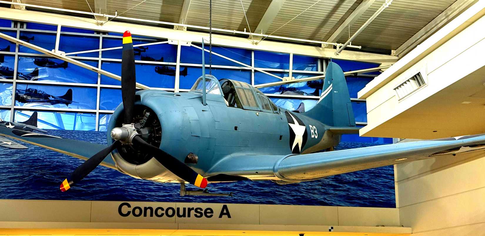 SBD Dauntless dive bomber on display at Chicago Midway airport.