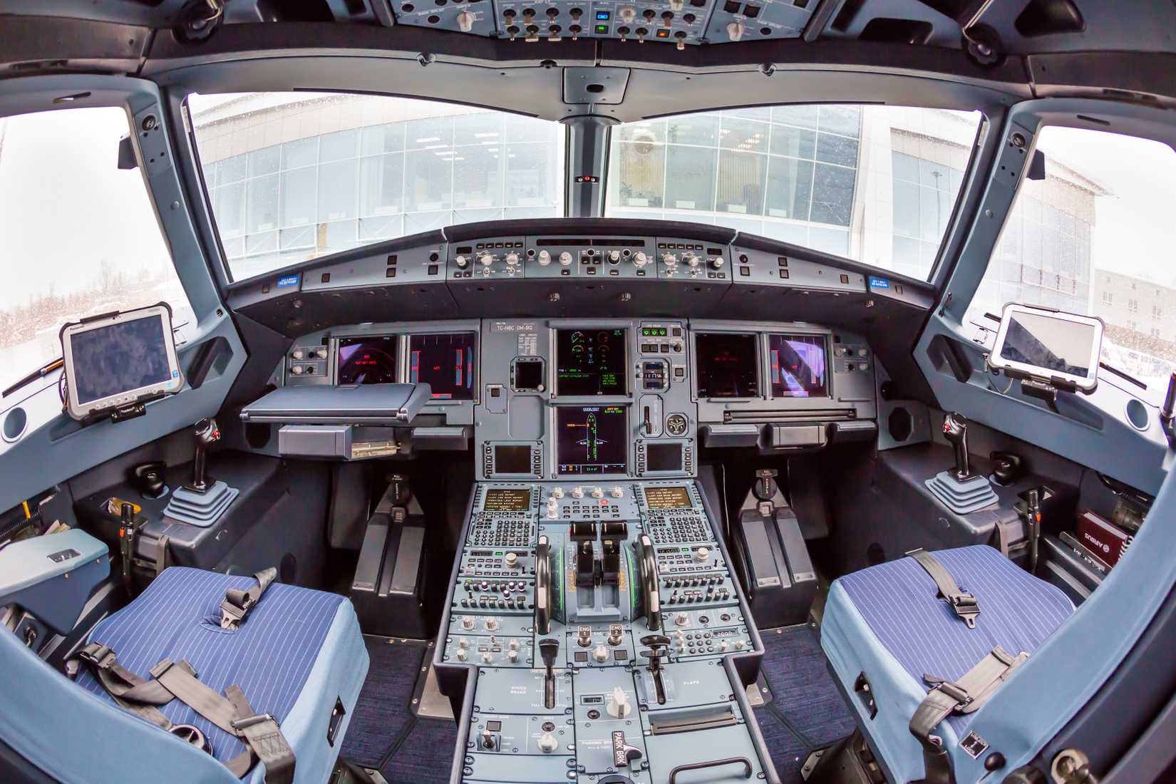 Airbus A320 NEO cockpit. Modern aircraft. Airplane cockpit. Aircraft interior.