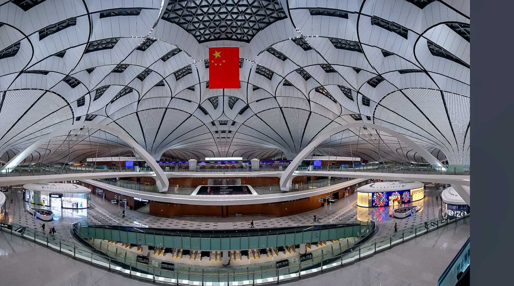 Big China flag in Terminal hall of Beijing Daxing International Airport