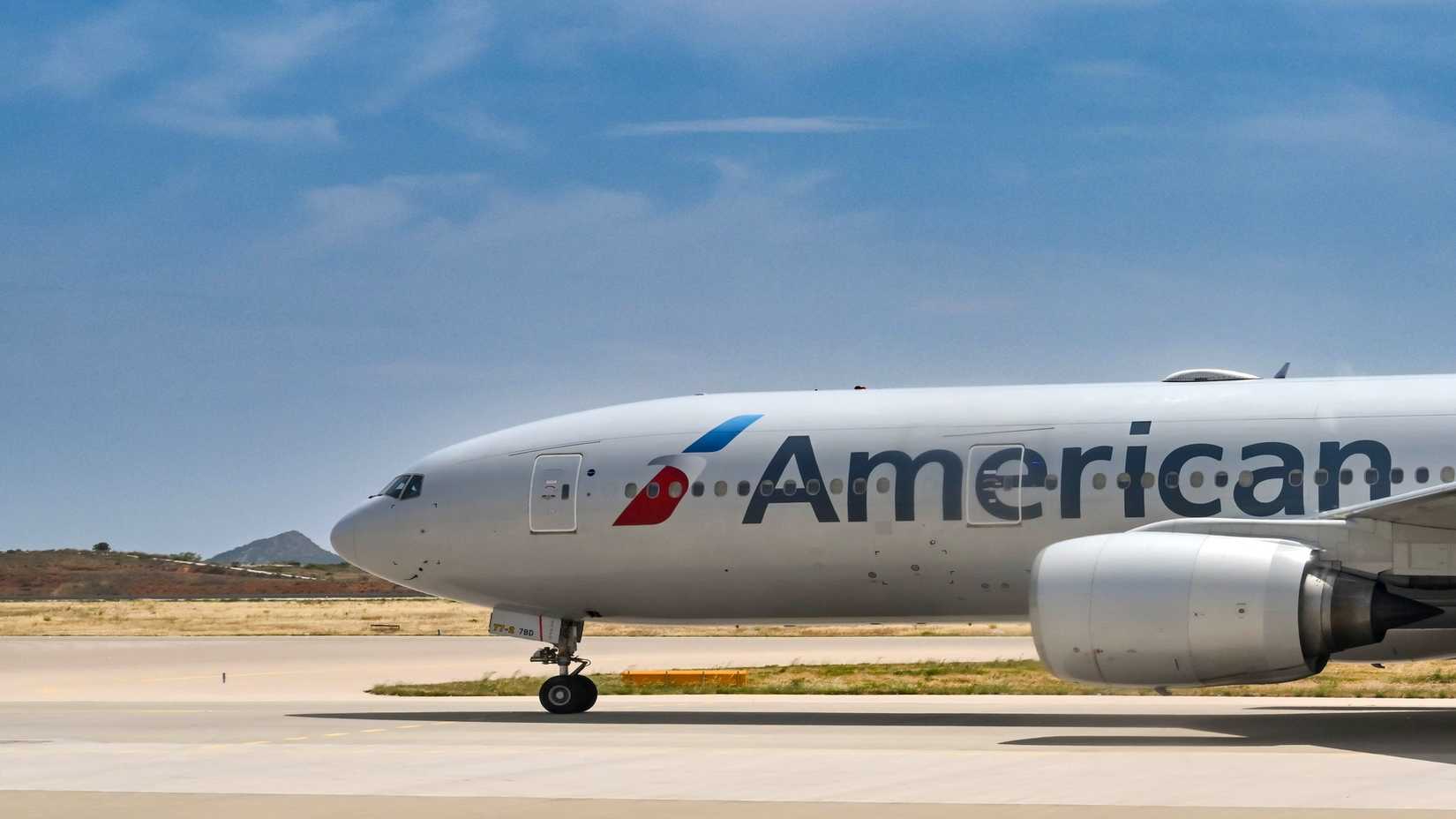 Close up of American Airlines Boeing 777 taxiing 