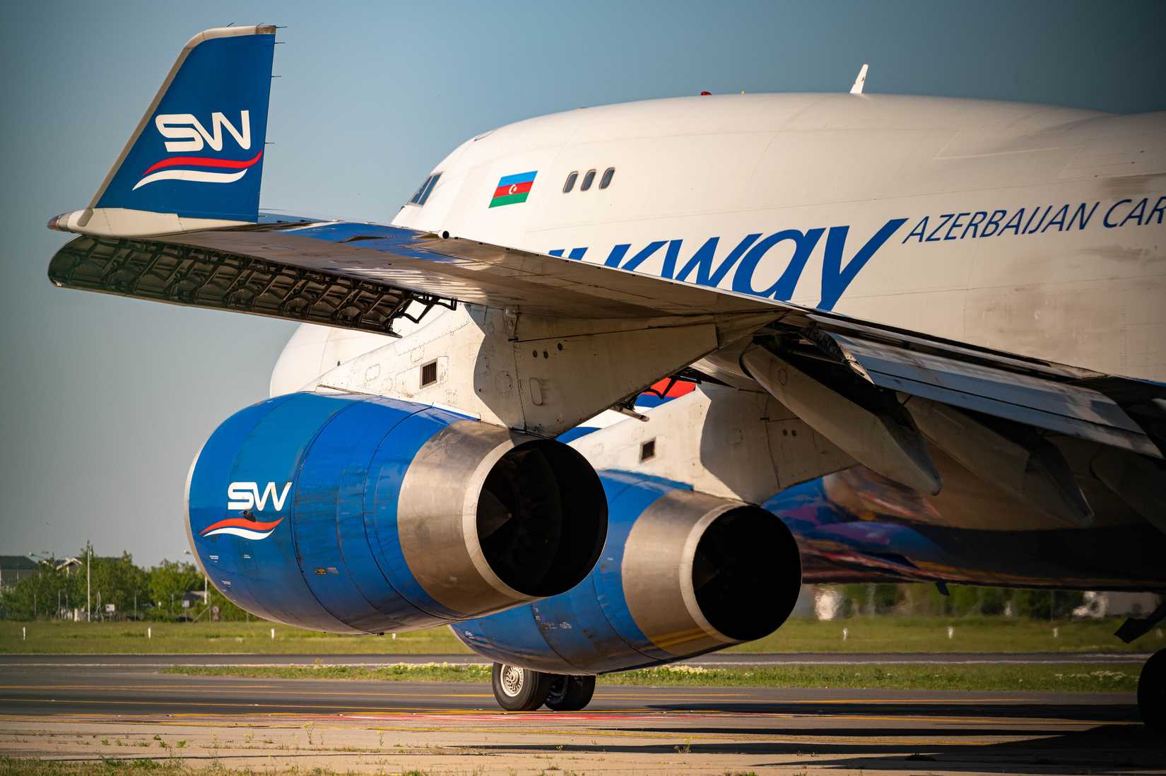 Silk Way Airline Cargo company taxiing and taking off.