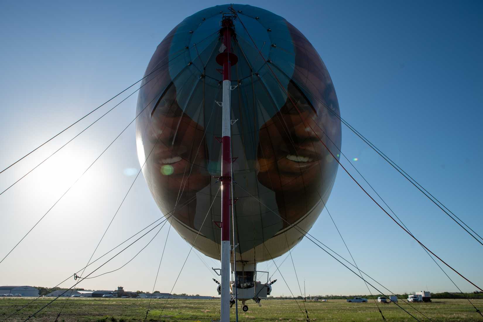 Skyship services' crew launch blimps from Stinson airport during the NCAA Final Four.