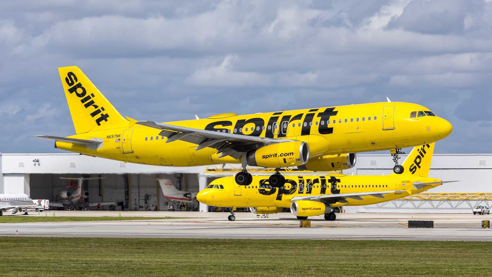 Spirit Airlines Airbus A320 airplanes at Fort Lauderdale airport in the United States.
