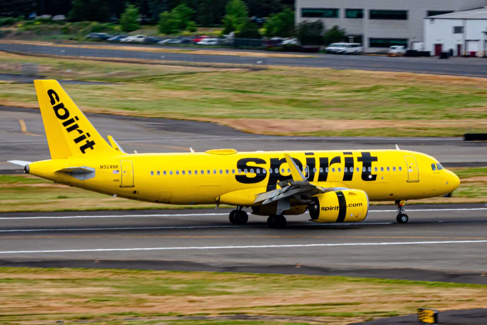 Spirit Airlines Airbus A320neo Slowing Down After Landing at Portland International Airport (KPDX).