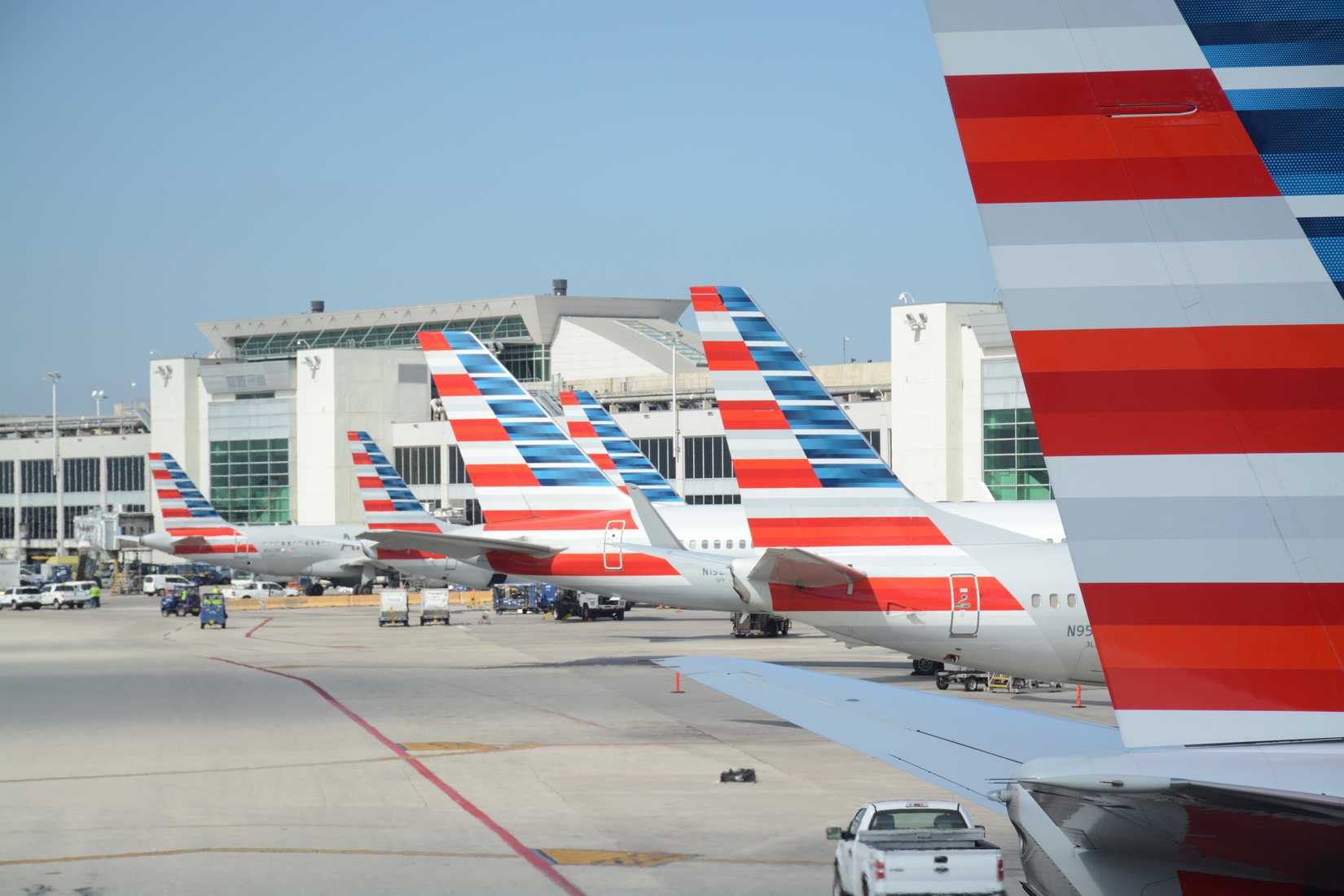 Tail wings of American Airlines lined up in a row at their gates at DFW.
