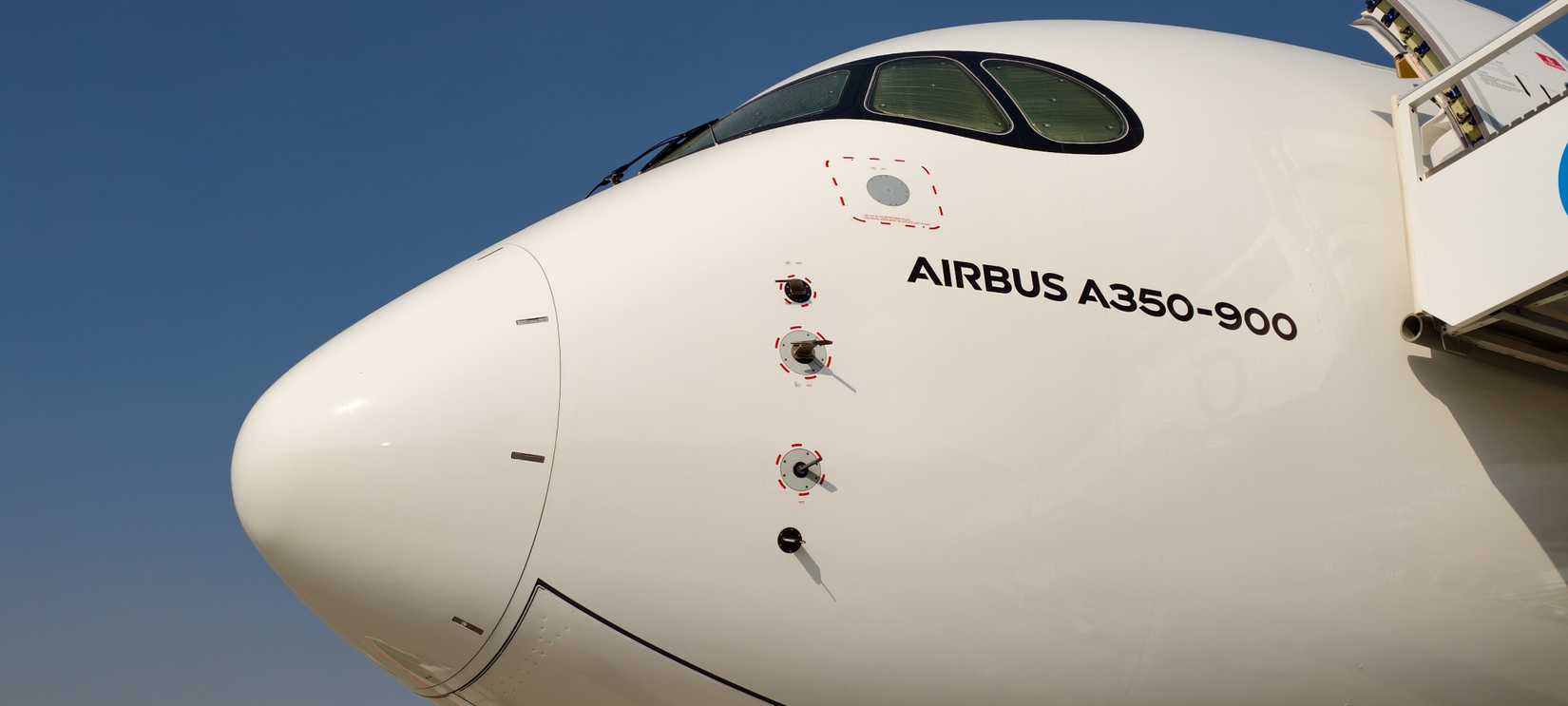 The nose section of an Airbus A350-900 aircraft.-1
