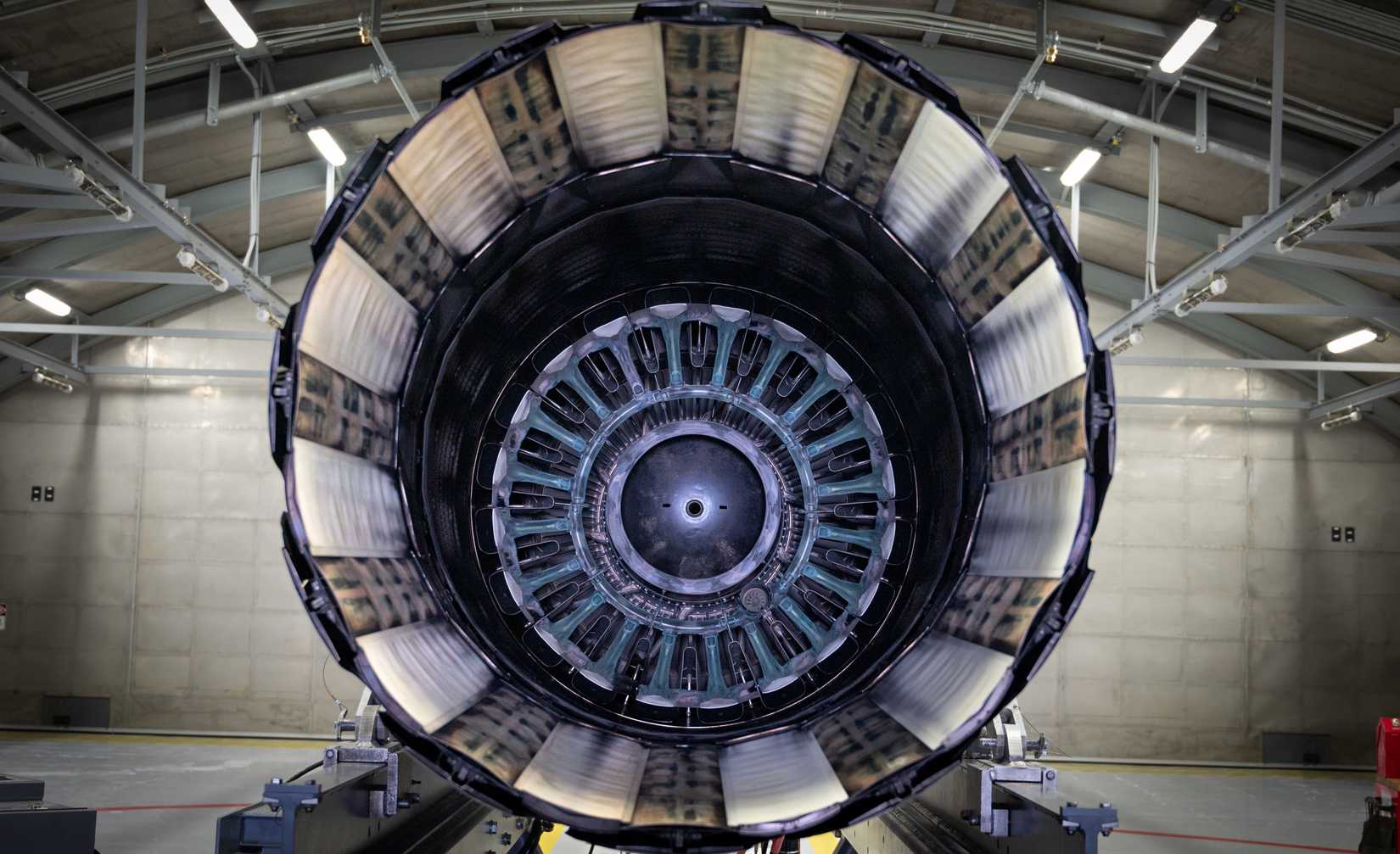 The rear exhaust of an General Electric F110 jet engine.