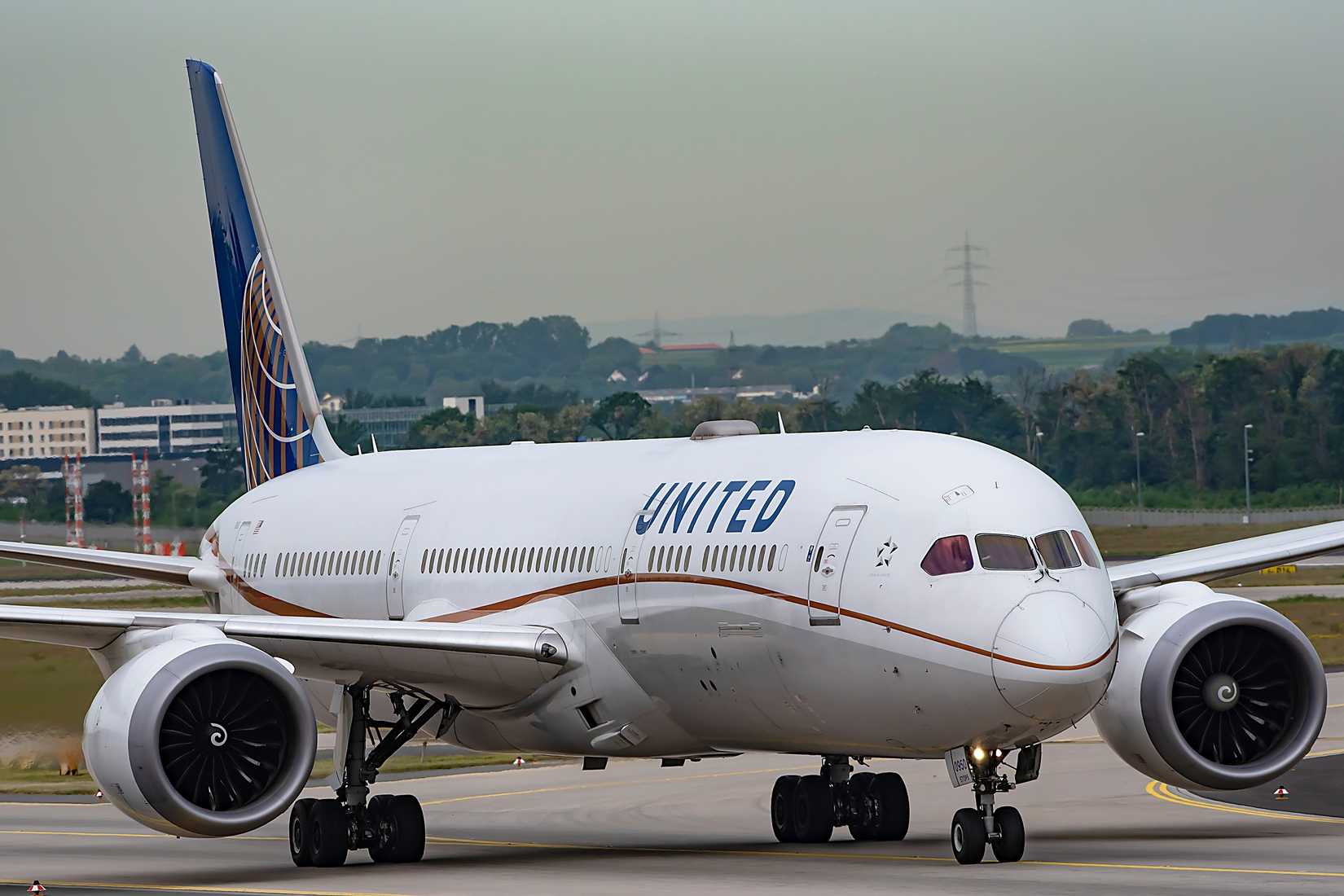 United Airlines Boeing 787 in airport on July 21,2017 in Frankfurt,Germany.