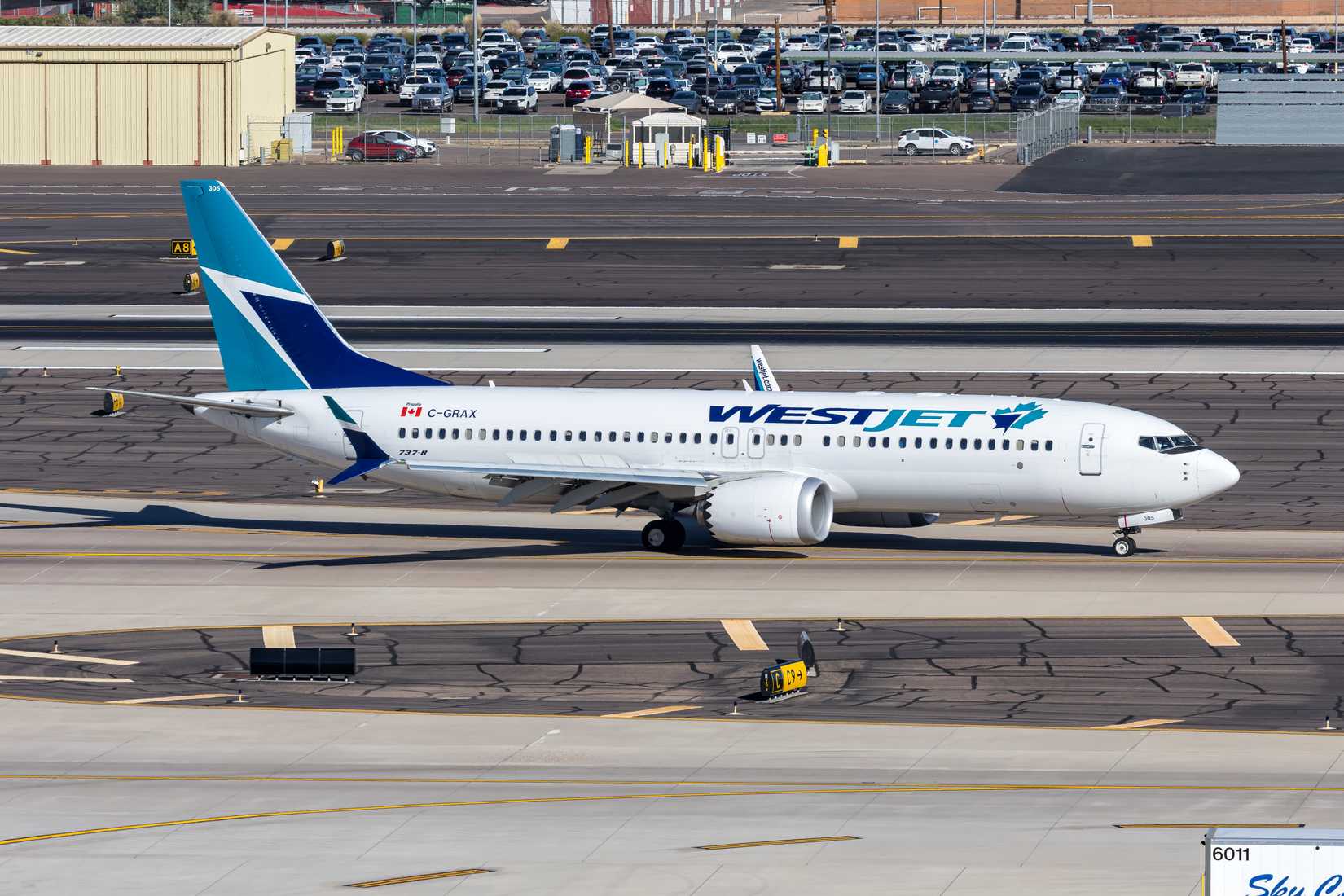 Westjet Airlines Boeing 737-8 MAX airplane at Phoenix airport in the United States.