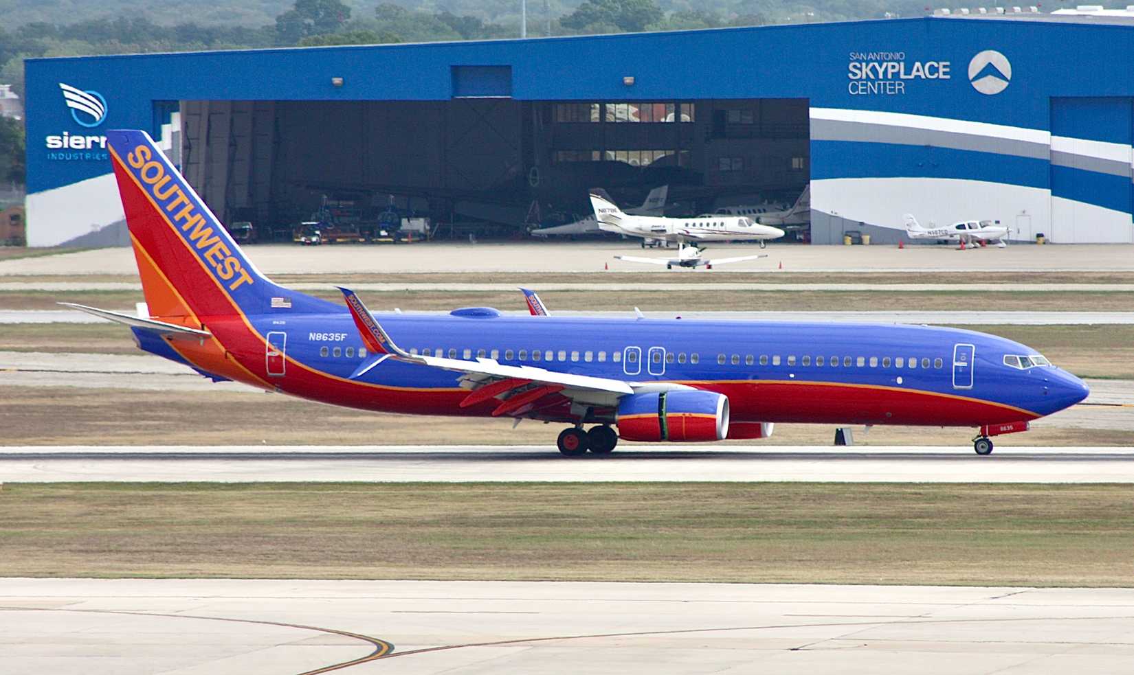 A Boeing 737-800 of Dallas-based Southwest Airlines arriving at San Antonio International Airport.