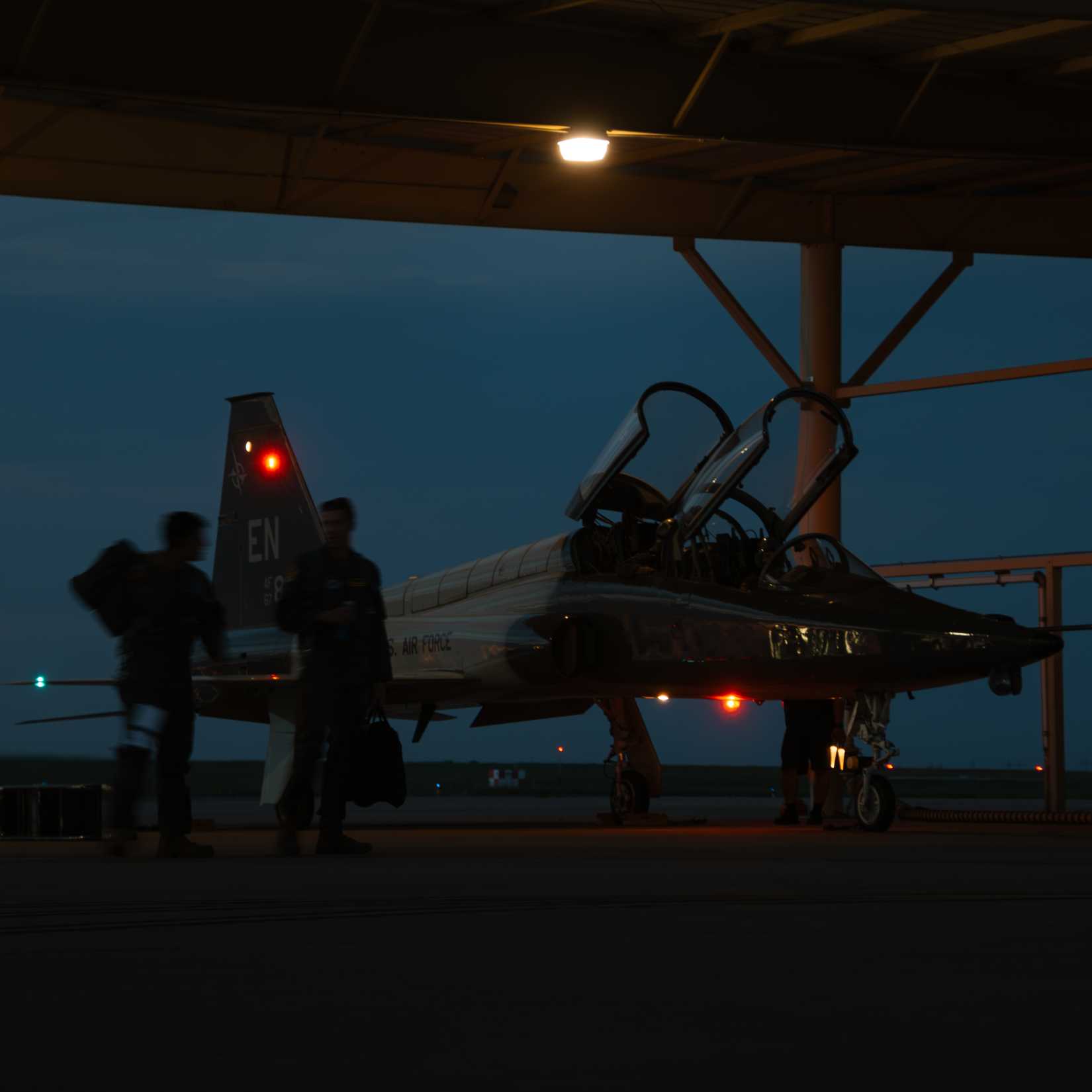 A Euro-NATO Joint Jet Pilot instructor and student pilot approach the T-38 at Sheppard Air Force Base, Texas, Aug. 19, 2025.