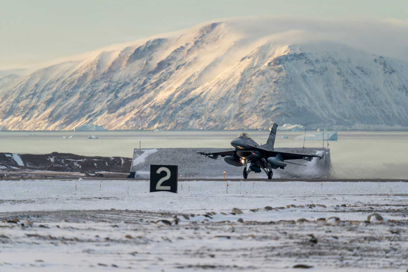 A F-16 Fighting Falcon fighter aircraft from the South Carolina ANG’s 169th FW lands at Pituffik Space Force Base, Greenland, Oct. 7, 2025.