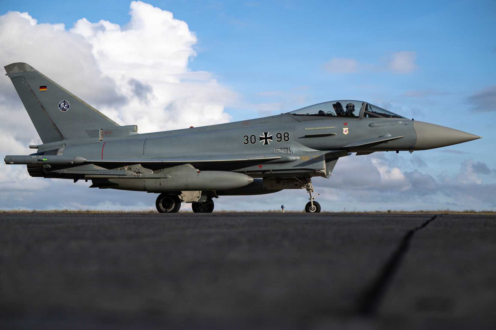 A German air force Eurofighter Typhoon prepares to take off during a tour at Mihail Kogălniceanu Air Base, Romania, Dec. 5, 2025.