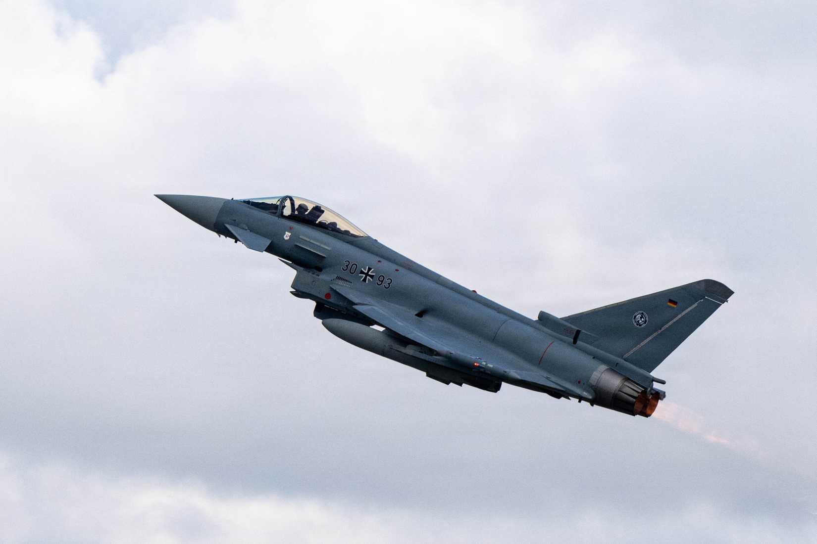 A German air force eurofighter typhoon takes off during a tour at Mihail Kogălniceanu Air Base, Romania, Dec. 5, 2025.