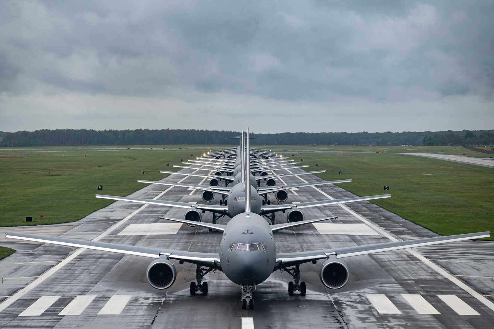 A KC-135 Stratotanker, eight KC-46A Pegasus’, and five C17 Globemaster III’s, perform an elephant walk
