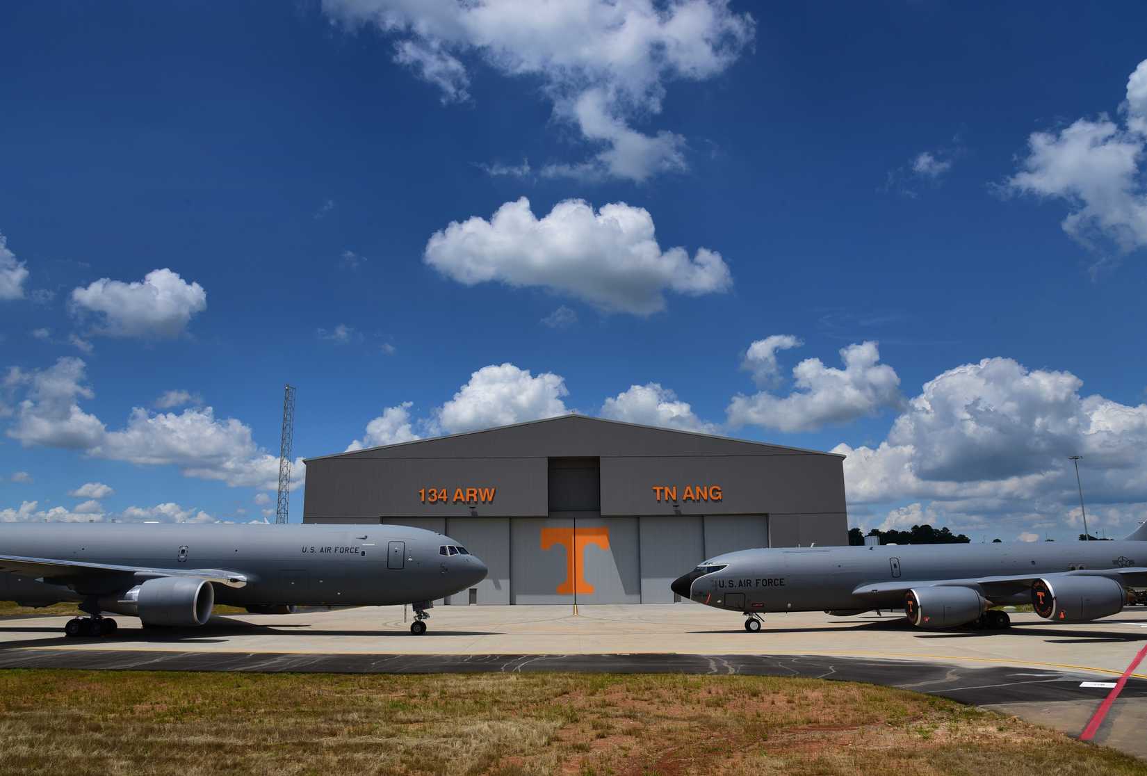A KC-135R Stratotanker and a KC-46A Pregasus, both aerial refueling aircraft.