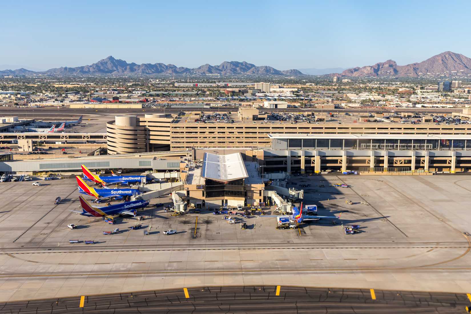 Aerial view of Southwest Airlines Boeing 737 airplanes at Phoenix airport in the United States.