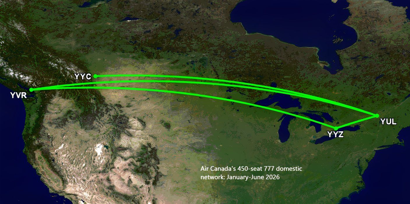 Revealed Where Air Canada Flies Its Very High Capacity 450 Seat Boeing Air Canada S 450 Seat 777 300er Domestic Network January June 2026 