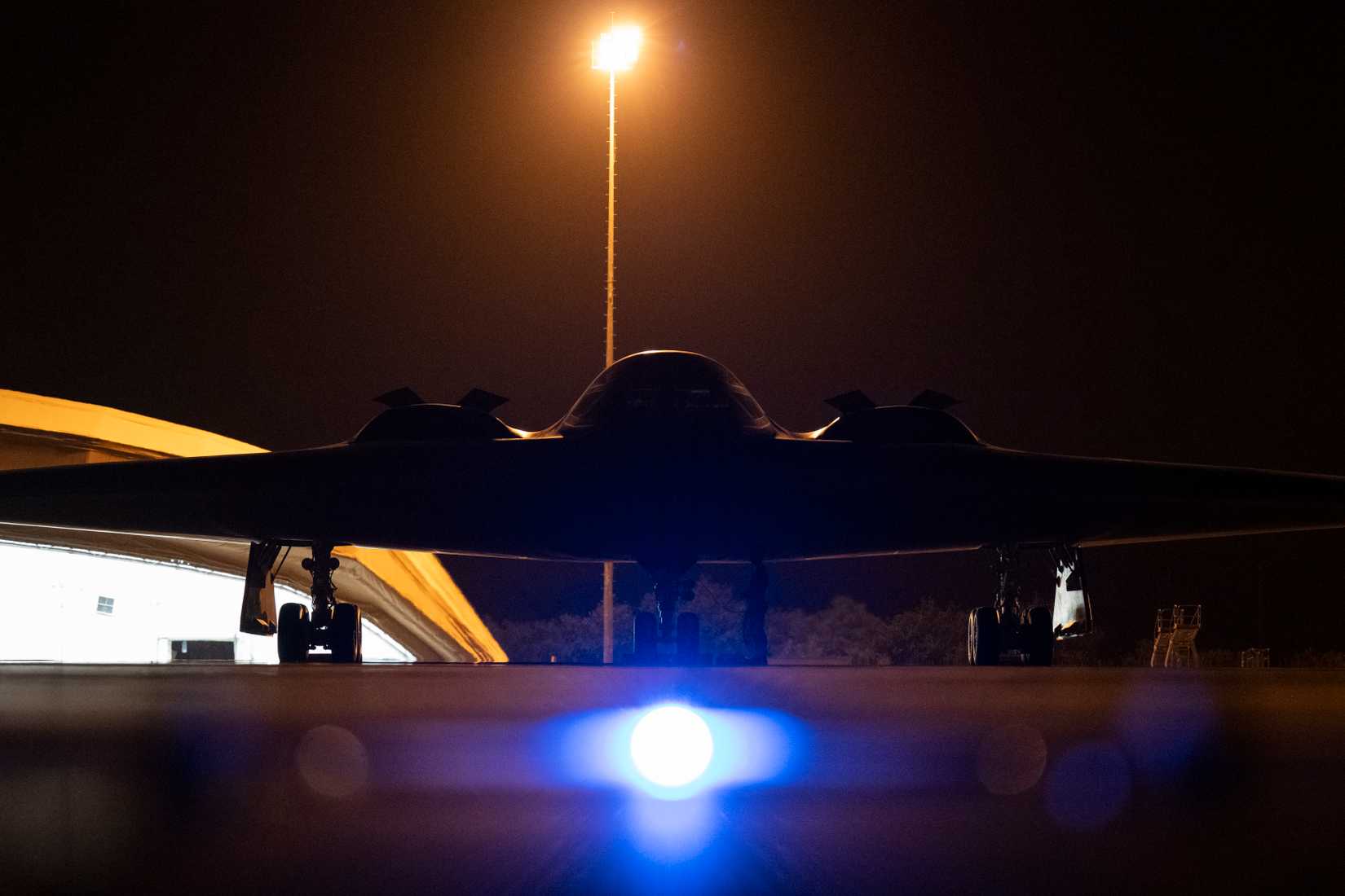 Air Force B-2 Spirit stealth bomber conducts preflight checks prior to take off at Diego Garcia, British Indian Ocean Territory, May 3, 2025.