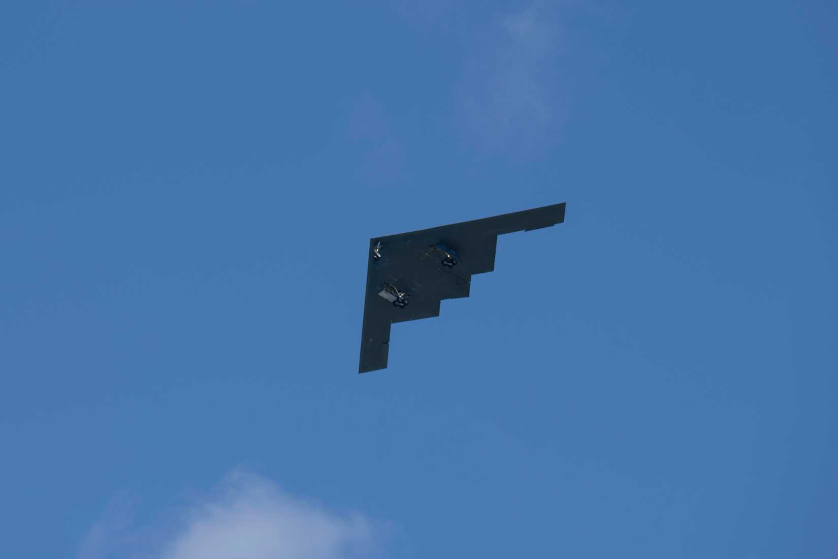 Air Force B-2 Spirit stealth bomber flies overhead preparing to land at Diego Garcia, British Indian Ocean Territory, April 11, 2025.