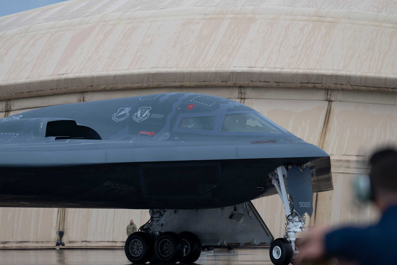 Air Force B-2 Spirit stealth bomber taxis after a combat mission at Diego Garcia, British Indian Ocean Territory, April 24, 2025.