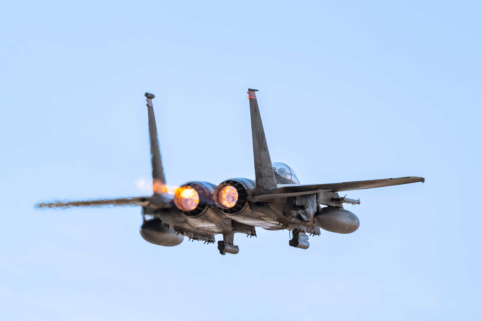 Air Force F-15E Strike Eagle aircraft soars through the air during exercise Marauder Shield 26.1 within the U.S. Central Command area of responsibility.