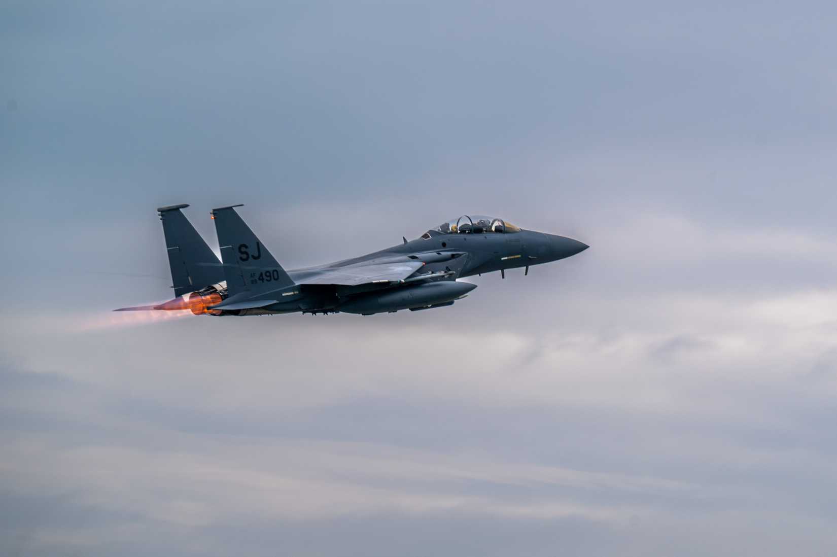 Air Force F-15E Strike Eagle assigned to the 336th Expeditionary Fighter Squadron takes off at Kadena Air Base, Japan, May 13, 2025.