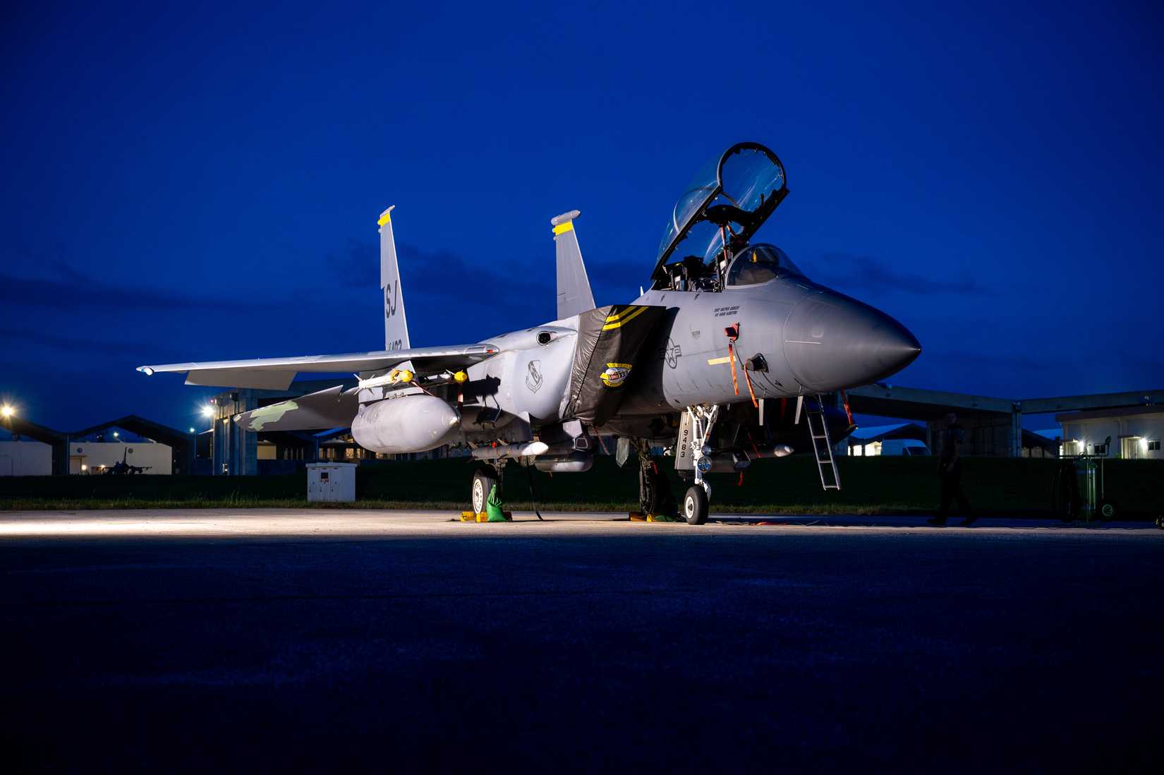Air Force F-15E Strike Eagle on the runway before a flight at Kadena Air Base, Japan, May 13, 2025.
